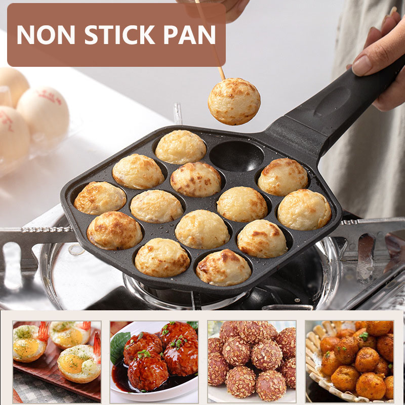 Takoyaki Pan Cast - 12/14 Lubang Takoyaki Pan Pegangan Kayu